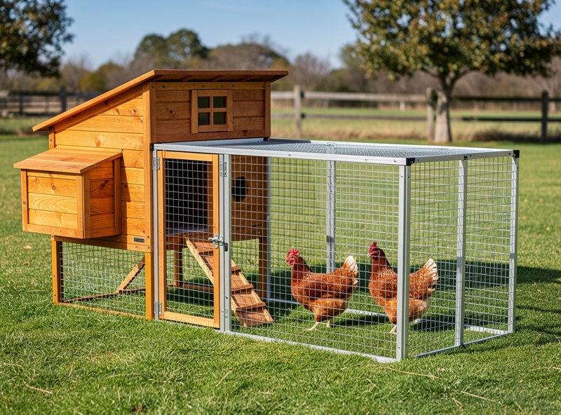 A wooden Producer's Pride Defender chicken coop with hardware cloth run on green grass in a rural backyard, two hens visible inside the run