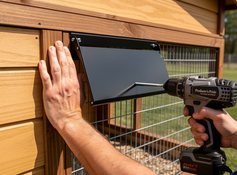 Hands installing a black automatic chicken coop door onto the front pop-door opening of a Producer's Pride Defender wooden coop using a cordless drill