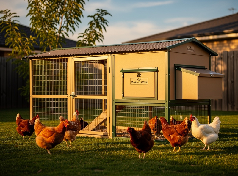 A Producer's Pride Defender chicken coop in a residential backyard with a small flock of mixed brown and white hens roaming around, late afternoon sun