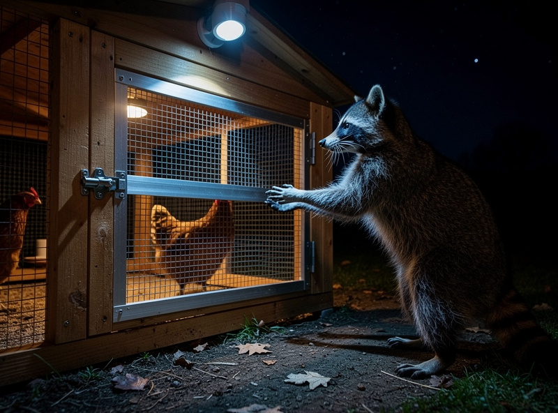 Raccoon testing a predator-proof automatic coop door
