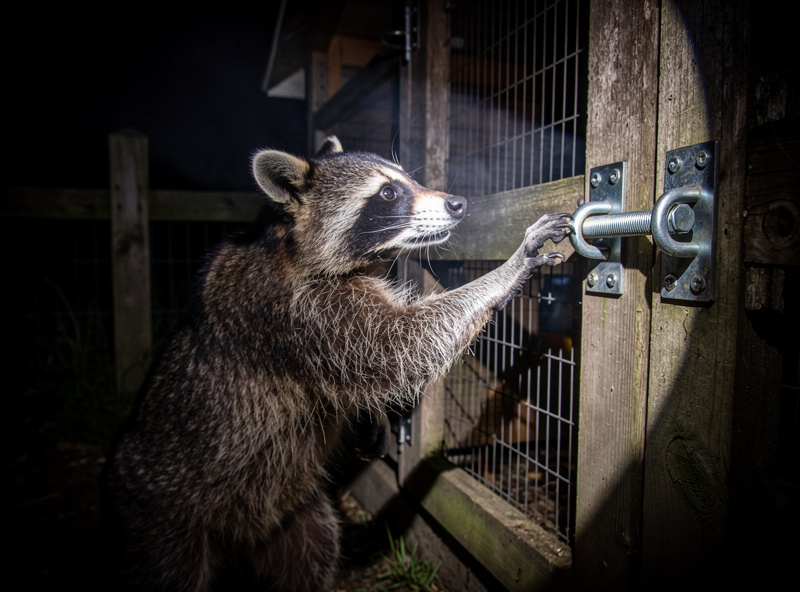 Raccoon at night reaching toward a chicken coop door with a standard barrel bolt latch