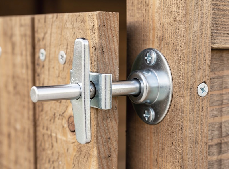 T-handle RV-style latch installed on a chicken coop door showing the locking mechanism close-up