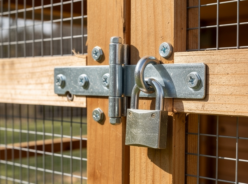Heavy-duty padlock and hasp installed on a chicken coop door showing predator-proof security