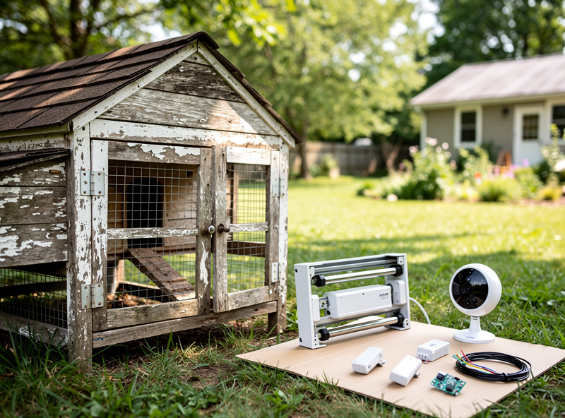Standard backyard chicken coop being retrofitted with automatic door and camera