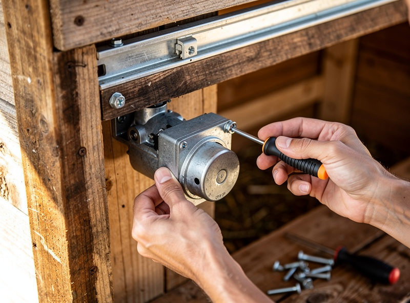 Person installing automatic door opener on existing chicken coop frame
