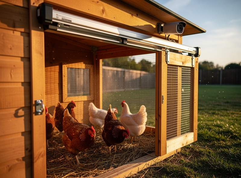 Completed smart retrofit chicken coop with automation visible