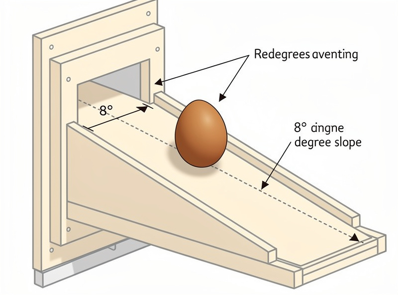 Cross-section diagram of a roll-away nesting box showing the 8-degree angled floor with a brown egg rolling toward the back exit slot