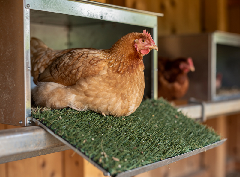 Hen sitting comfortably in a roll-away nesting box with a thin synthetic turf floor cover, side angle showing gentle slope