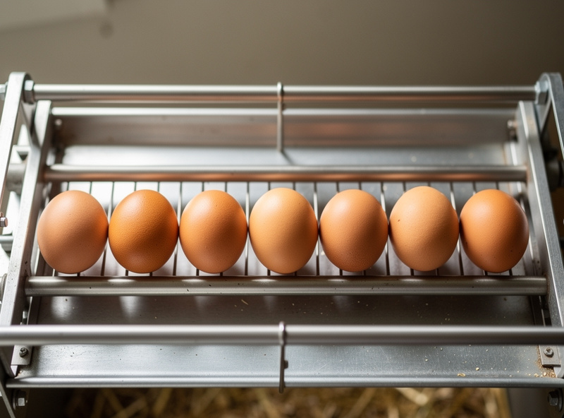 Row of clean brown eggs sitting in a roll-away nesting box collection tray with no bedding contact