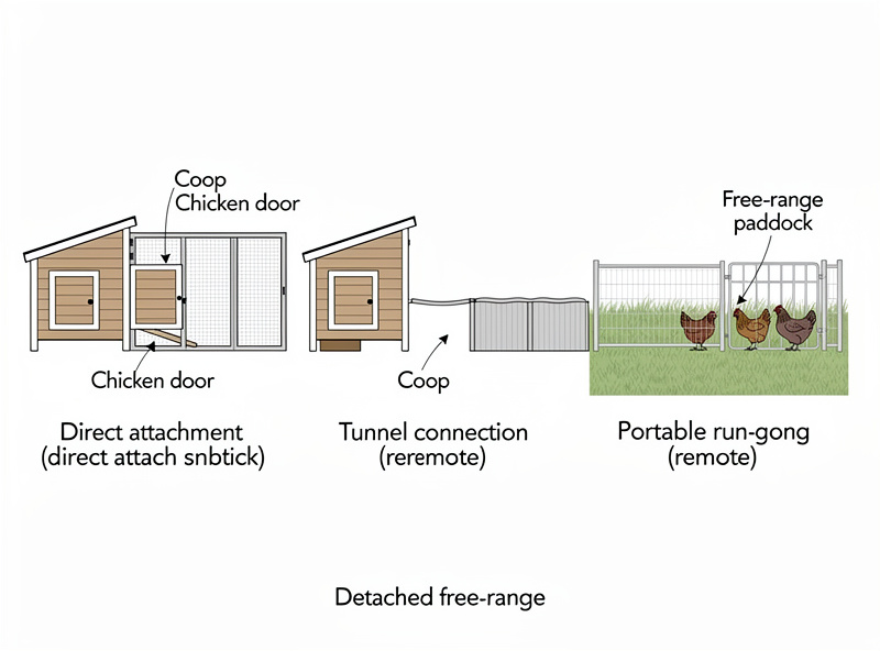 Three-panel diagram showing direct attachment connection, tunnel connection, and detached free-range patterns for portable chicken runs