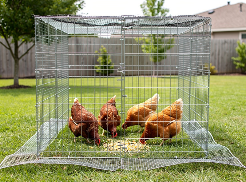 Modular wire panel portable chicken run with hardware cloth construction and hawk netting top, hens visible inside foraging