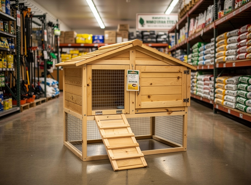 A wooden chicken coop displayed inside a Rural King farm supply store with shelves of feed and farm products visible in the background, rural Midwest retail