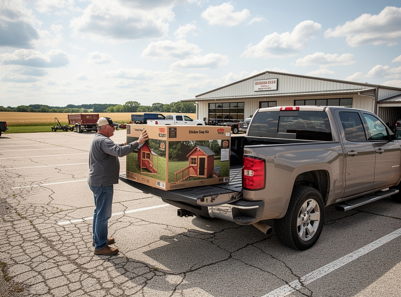 A homeowner loading a flat-pack chicken coop box from a Rural King farm supply store parking lot into a pickup truck, store sign visible