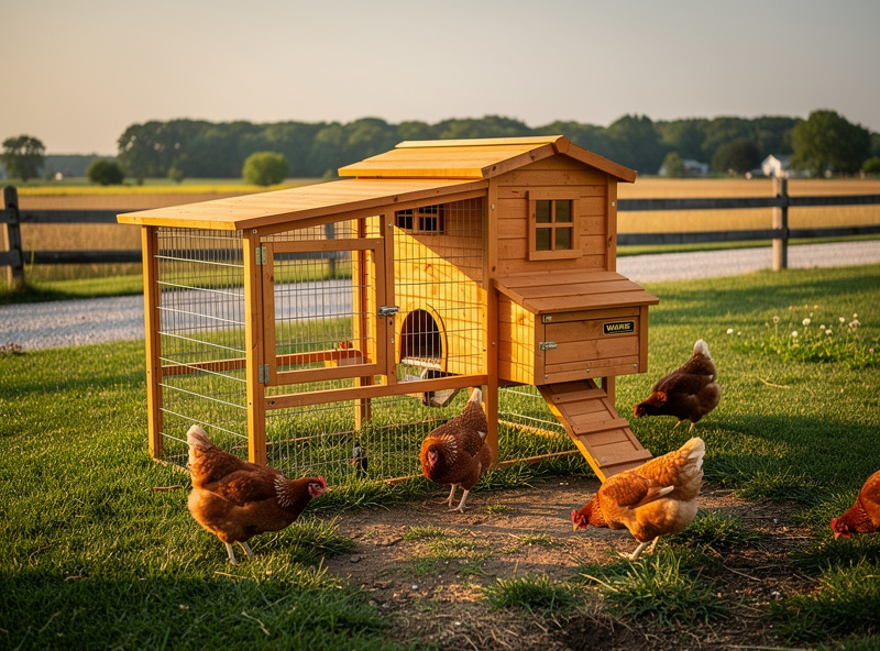 A WARE Manufacturing wooden chicken coop set up in a rural Midwest backyard with several brown hens visible, soft golden afternoon light