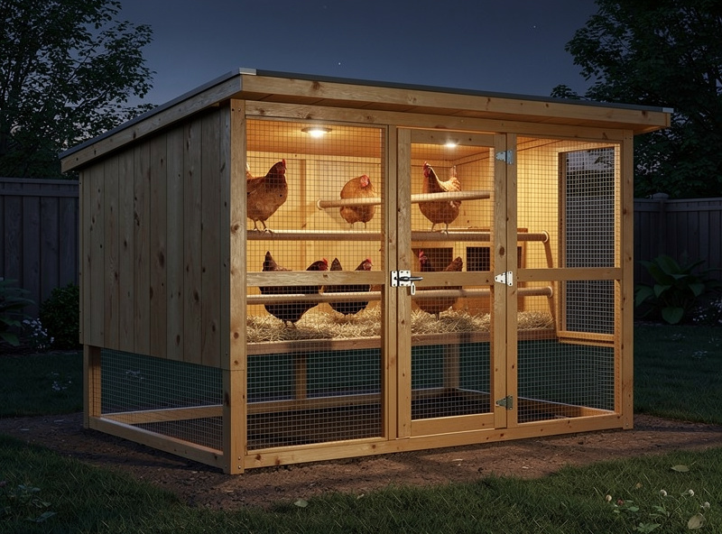 Secure chicken coop interior with nesting boxes and roosting bars