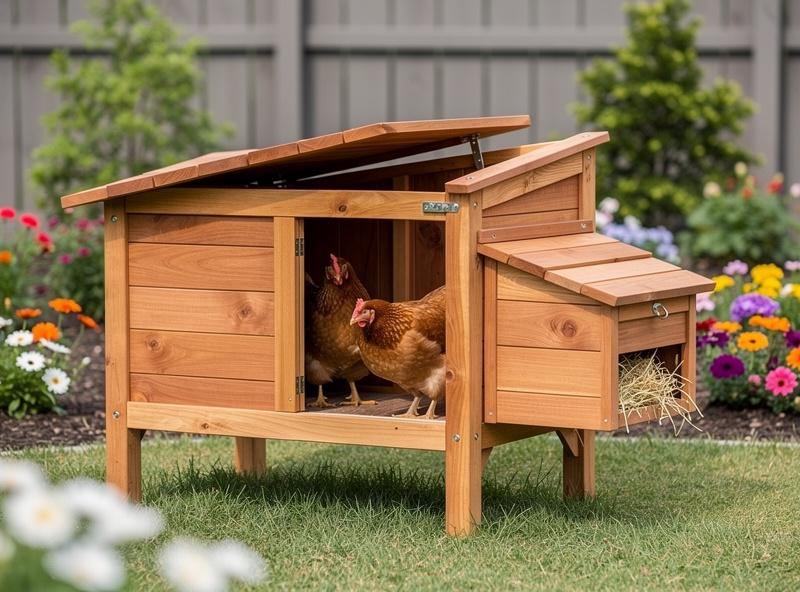 Small wooden chicken coop with two laying hens in a compact urban backyard
