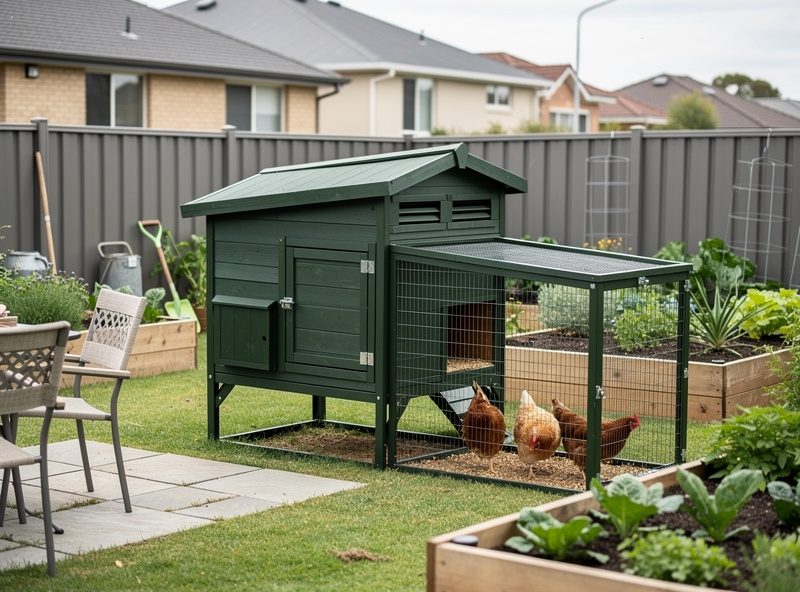 Compact 3x4 chicken coop in an urban backyard with attached run, painted to blend with garden fence