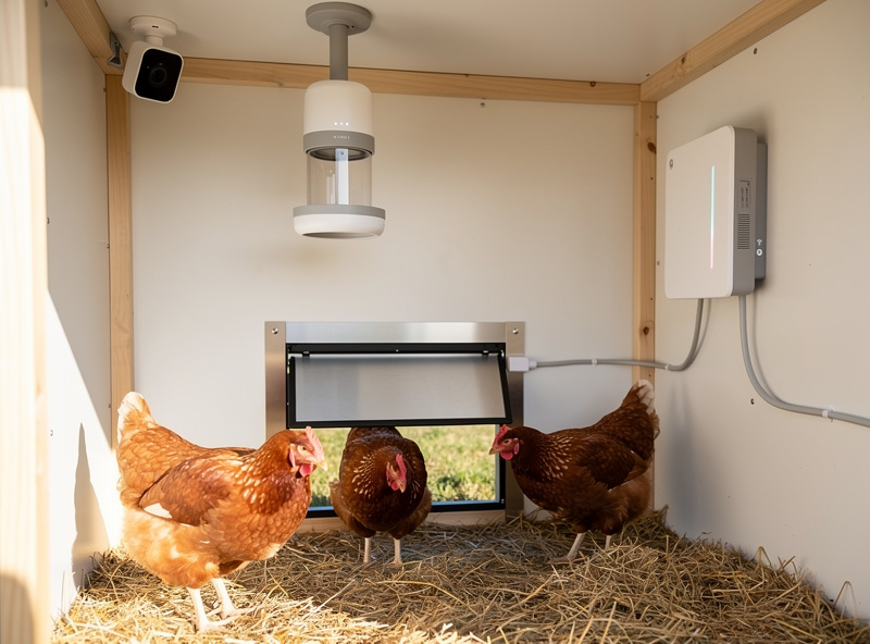 Smart small chicken coop with 3 hens showing wall-mounted equipment and compact automation hardware