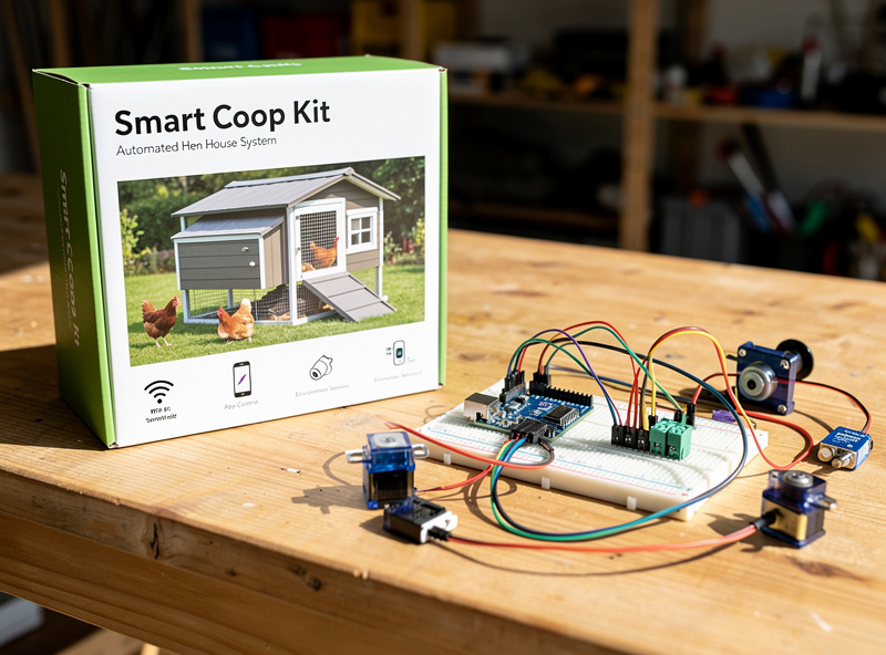 Smart chicken coop kit packaging next to DIY components on a workbench