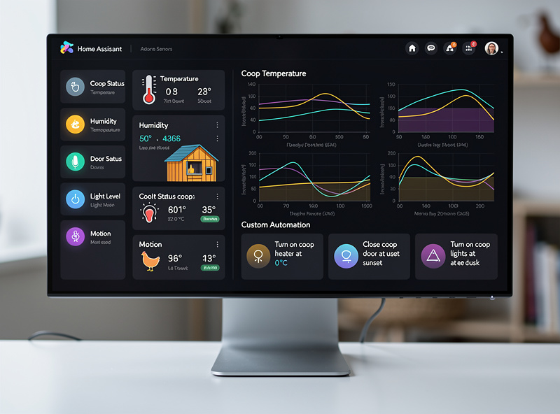 Home Assistant dashboard showing smart chicken coop sensor data and custom automations