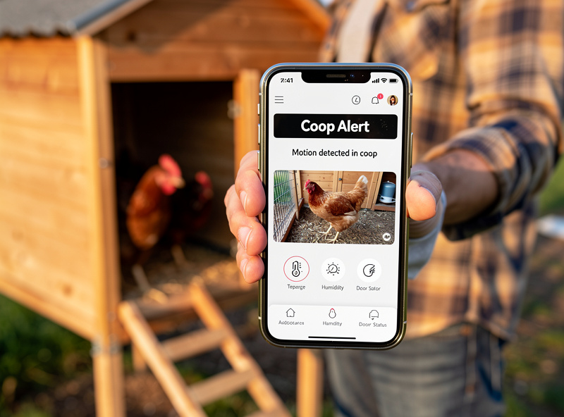 Smartphone showing alert notification from smart chicken coop monitoring app