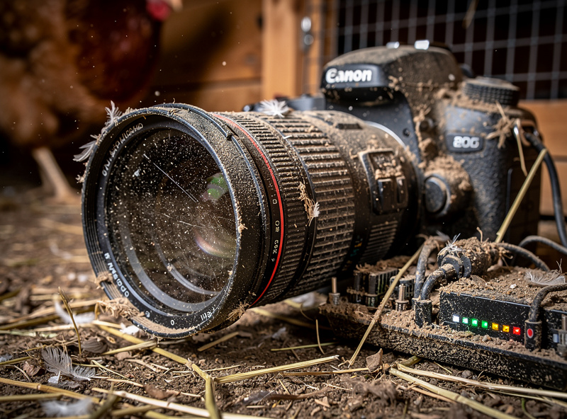 Dust-coated chicken coop electronics showing mounting placement mistake