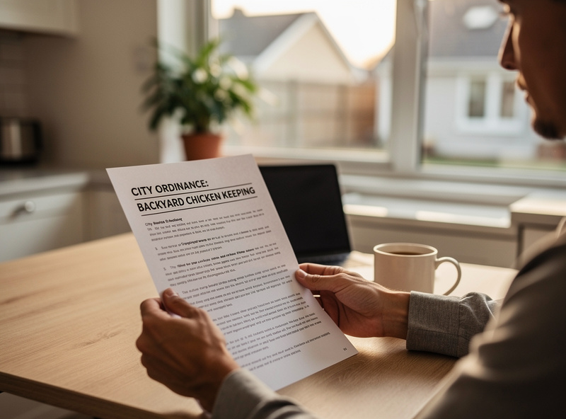 Person reviewing local backyard chicken ordinance documentation at home desk