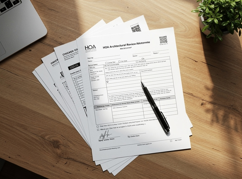 HOA approval form for chicken coop project on a desk with documentation