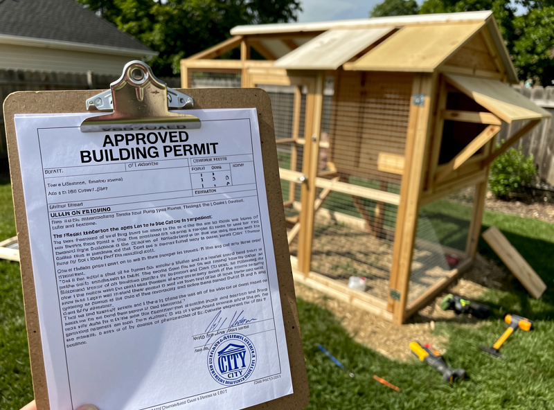 Approved building permit documents for chicken coop project displayed on a clipboard