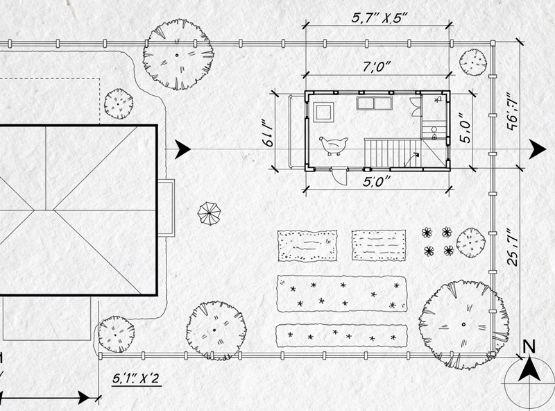 Site planning sketch showing chicken coop placement with sun direction and dimensions