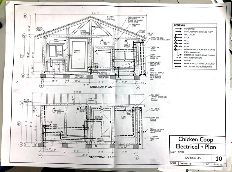 Construction blueprint sketch with electrical pre-wiring layout for smart coop