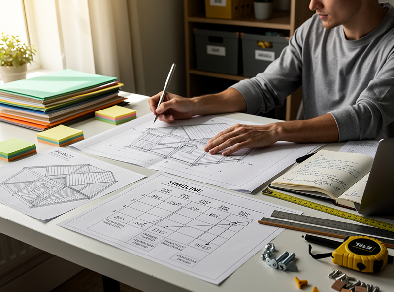 Person reviewing smart chicken coop plan sketch with materials list and timeline