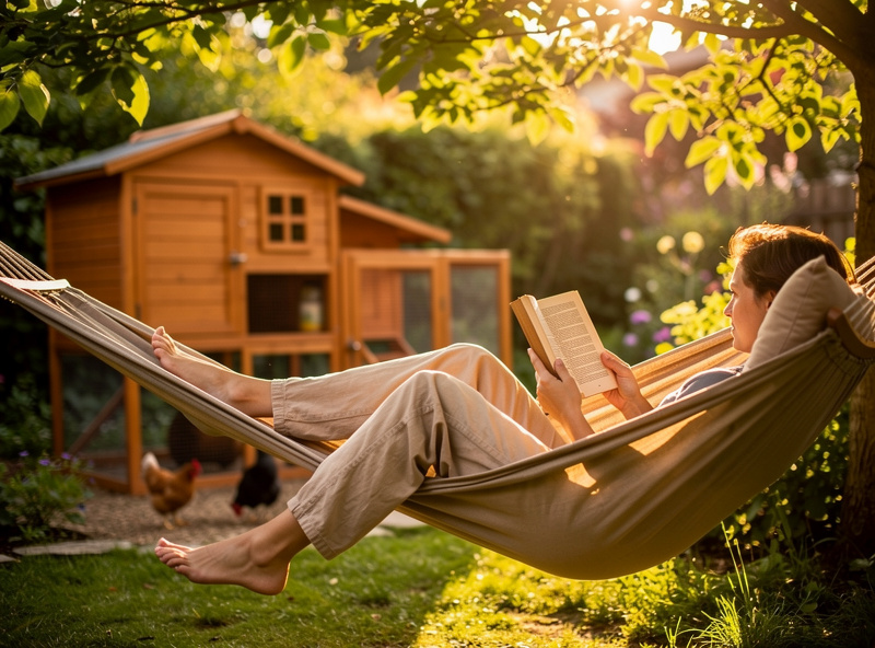Person enjoying free time outside while smart chicken coop runs automatically