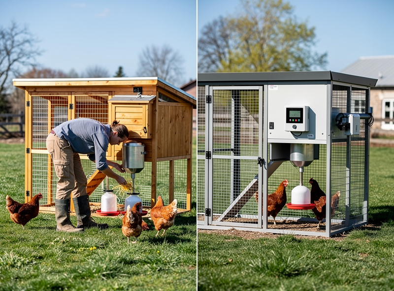 Side-by-side comparison of manual versus smart chicken coop time investment