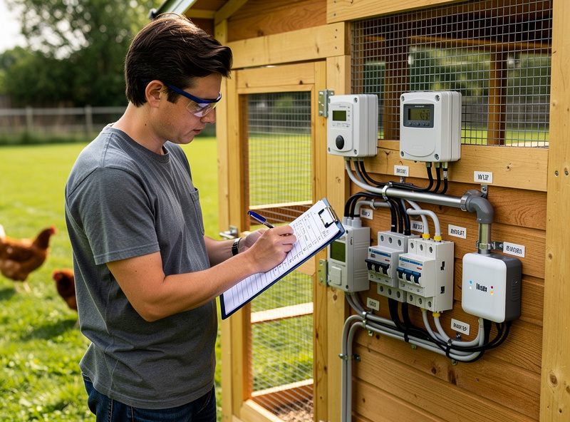Person performing annual safety audit on smart chicken coop with checklist