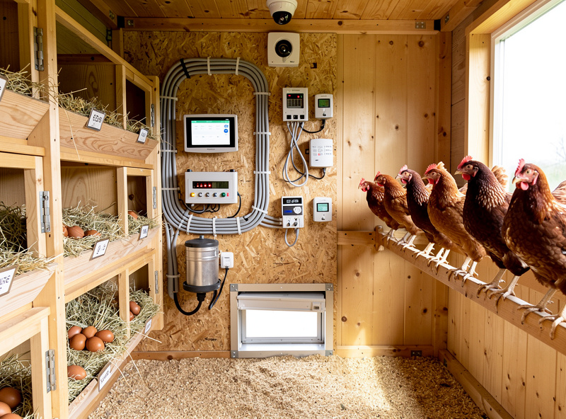 Smart chicken coop interior layout showing automation zone and chicken zone