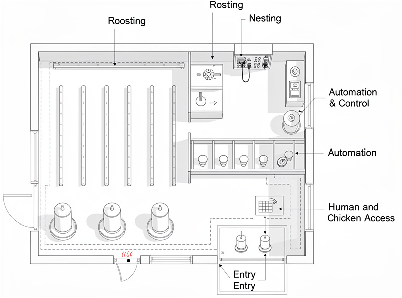 Floor plan showing smart chicken coop layout with automation zone and chicken zone