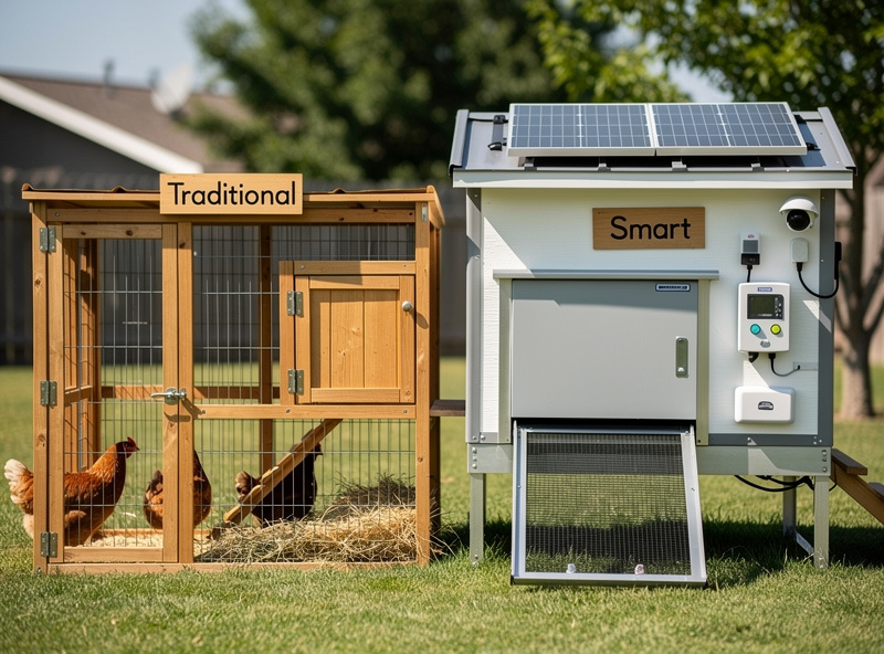 Side by side comparison of traditional and smart chicken coops in a backyard