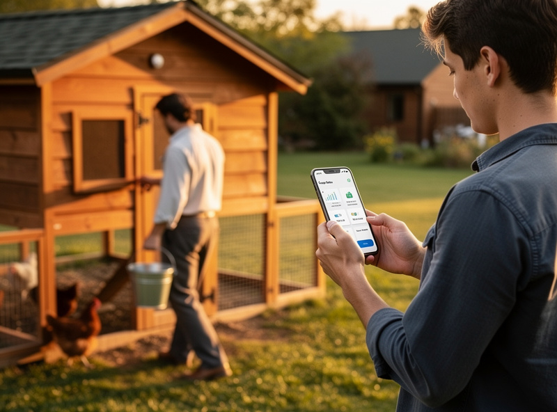 Person using smartphone to monitor smart coop while traditional coop owner walks to coop