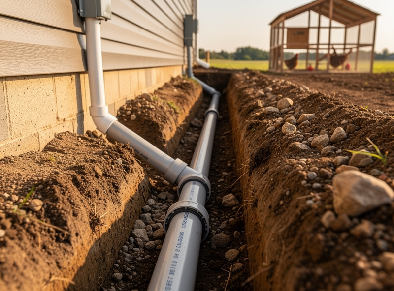Buried conduit run from house panel to chicken coop with junction box