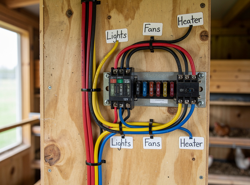 Interior of chicken coop showing 12V distribution block, fuse panel, and labeled wiring