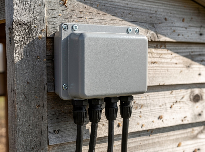 Weatherproof junction box mounted on chicken coop wall with labeled cable entries