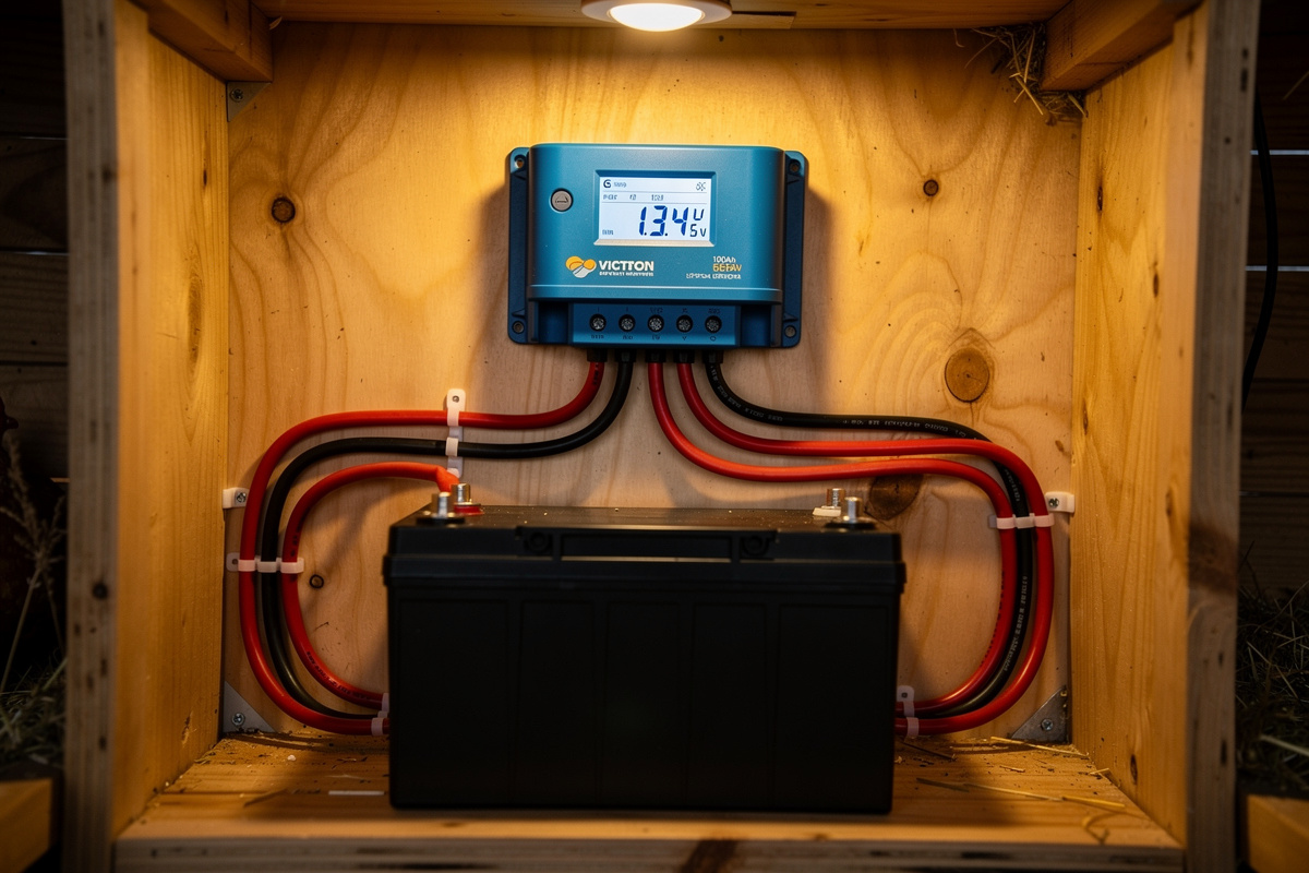 MPPT charge controller and LiFePO4 battery wired inside coop electrical compartment