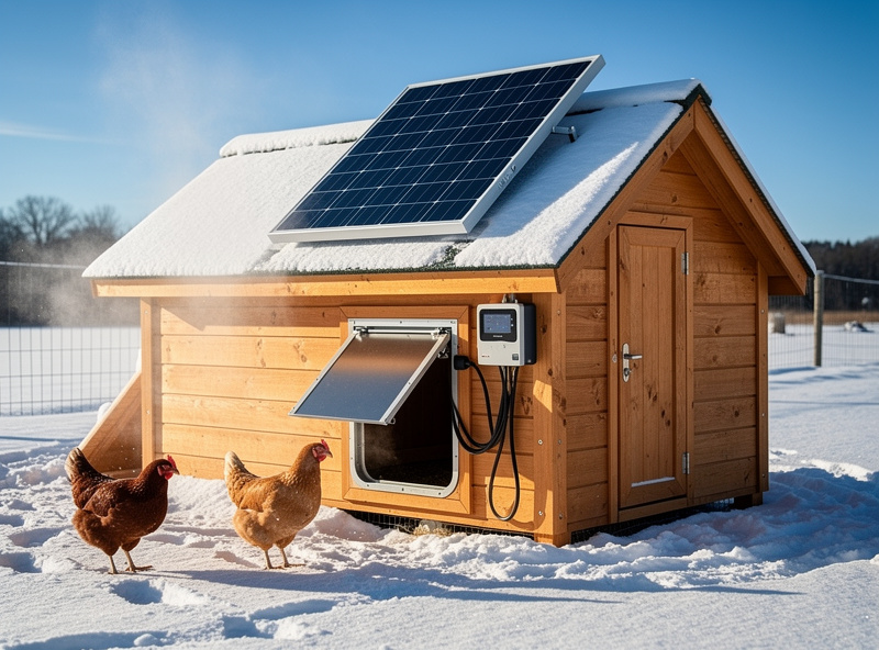 Solar panel powering an automatic chicken coop door system