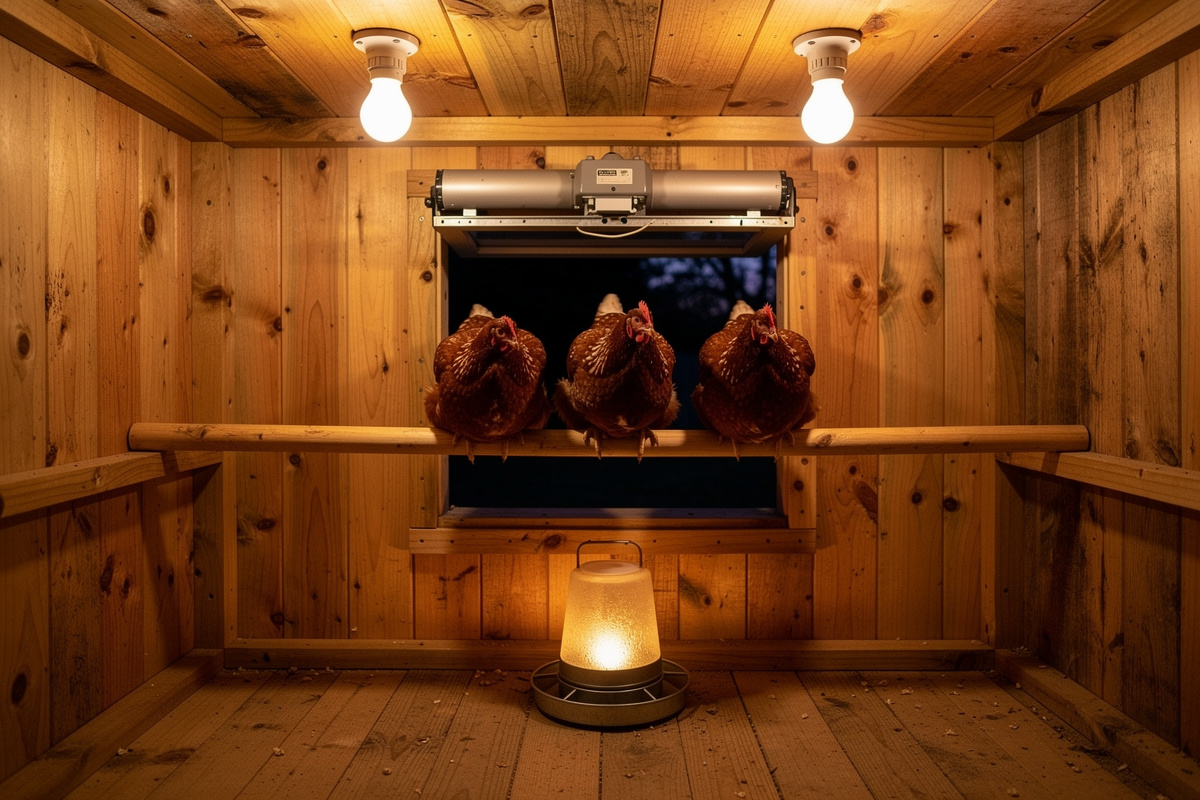 Interior of chicken coop with LED lights and heated waterer at dusk