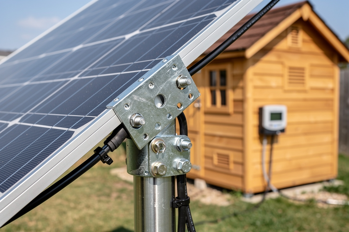 200W monocrystalline solar panel on an adjustable pole mount beside a chicken coop