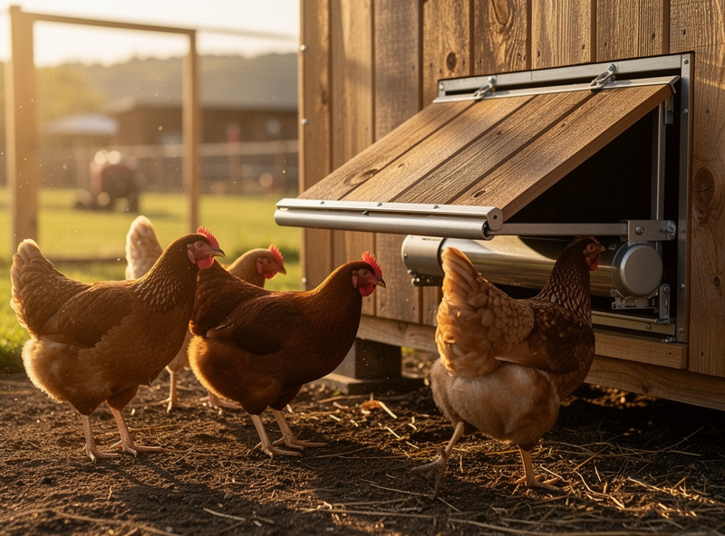 Testing an automatic coop door with curious chickens watching