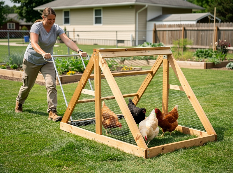 Wooden A-frame chicken tractor being moved across a grass lawn with hens visible inside