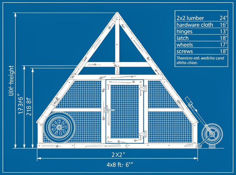 DIY chicken tractor plans diagram showing A-frame structure with measurements, hardware cloth panels, and lift-end wheels