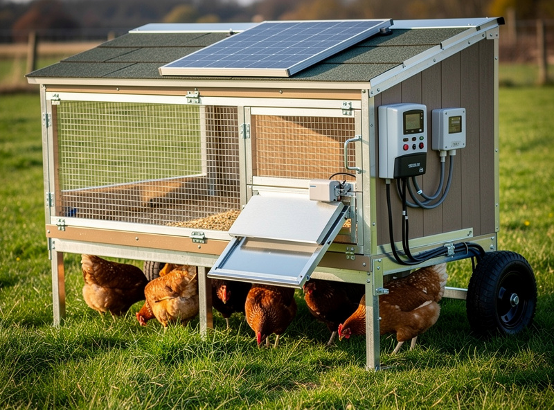 Smart chicken tractor with battery-powered automatic door and solar panel mounted on roof, hens visible inside